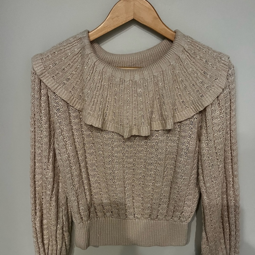 Free People Taupe Ruffle Knit Sweater